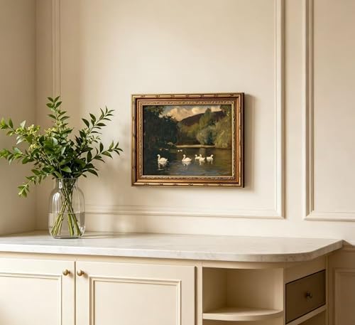 Vintage Gold Framed Swan Wall Art, Dark Moody Swans Lake Landscape Oli Painting Canvas Print, Antique Wildlife Bird Picture Wall Decor, Rustic Farmhouse Poster Artwork for Bedroom Living Room