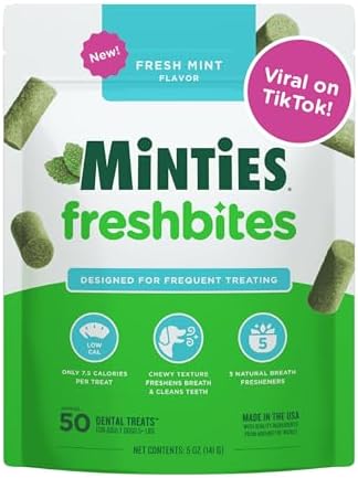Minties FreshBites Soft and Chewy Dental Treats, Low Calorie Natural Mint Flavored Dental Chews for Dogs, 50 Count, Dog Chews Clean Teeth, Fight Bad Breath, Removes Plaque and Tartar