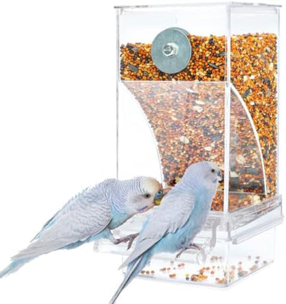 Bird Parrot Feeders, No Mess Automatic Cage Feeder Dispenser Food Container, Auto Bird Seed Bowl for Small Medium Birds, Cockatiel Canary Cockatoos Parakeet Conure Lovebird, Acrylic Clear (Feeder)