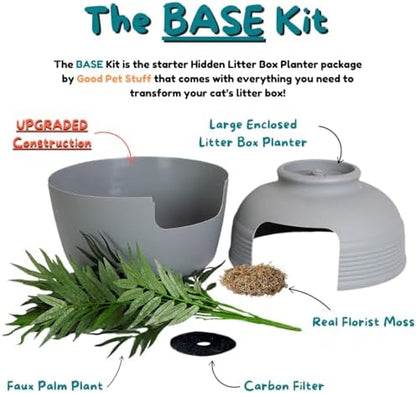Good Pet Stuff Original Hidden Litter Box Planter, Decorative Cat Litter Enclosure with Carbon Filter, Artificial Palm Plant, Upgraded Design, Easy to Clean, Base Kit, Stone Gray