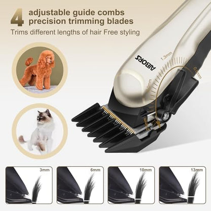 Quiet Dog Grooming Kit - 2000mAh Dog Clippers for Grooming Dog Grooming Clippers for Heavy Thick Hair Coats Waterproof Rechargeable Cordless Clippers Safe and Easy to Clean Home Pet Grooming Gold