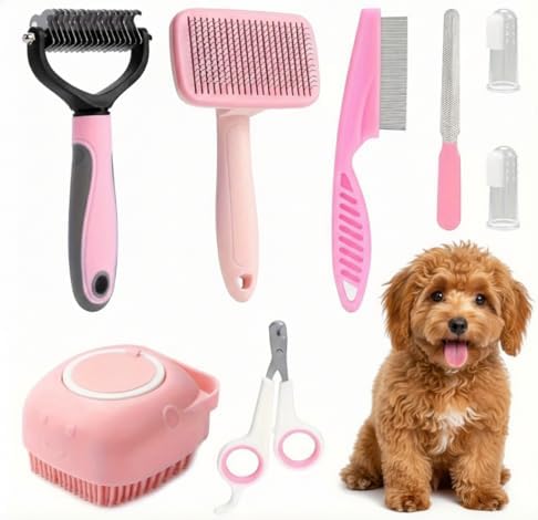 Haminway 8-Piece Dog Grooming Kit – Pink | Pet Brush Set for Shedding, Dematting, Nail Clipping & Bathing | Ideal for Small & Medium Dogs