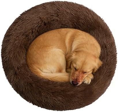 Calming Donut Dog Beds Large Sized Dog - Washable Removable Cover Non-Slip, Round Pet Bed Warming Fluffy Plush Faux Fur Anti-Anxiety Thick Cushion, Fits up to 80 lbs (Coffee, 36")