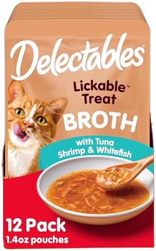 Delectables Lickable Treat Savory Broth Wet Cat Treat with Real Tuna & Shrimp, Food Topper, Hydrating, Grain-Free, No Fillers, No By-Products, No-Added Preservatives, 1.4oz Pouch (Pack of 24)