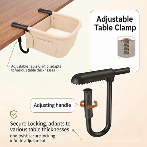 Heavy Duty Clamp-On Cat Desk Bed for Large Cats Up to 50 LBS | Desk Mount Cat Perch with Dual-Sided Detachable Mat & Side Storage Pockets, Tool-Free Install for Office & Gaming Desk(White)