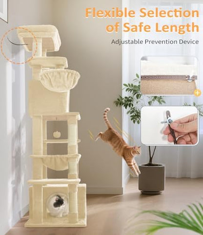 ABCPET Cat Tree Large Cat Tower Tree 68" Multi-Level Cat Tower for Indoor Cats with Sisal Scratching Posts, Widen Cat Perche, Square Hammock, 2 Widen Condos, Scratching Posts, Beige
