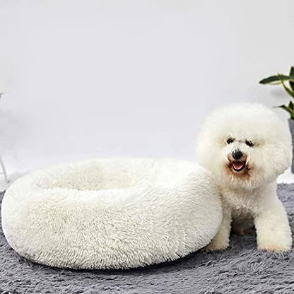 HACHIKITTY Calming Donut Cuddler Dog Bed, Round Fluffy Pet Bed for Small Dogs,Washable, Large, White, 24''