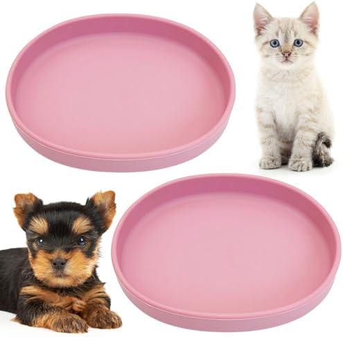 Fhiny 2 PCS Silicone Cat Food Bowls Shallow Dog Bowl 7" Non-Slip Pet Feeding Dishes for Dry and Wet Food Whisker Fatigue Cat Plates for Kitten Puppy and Small Pets (Pink)