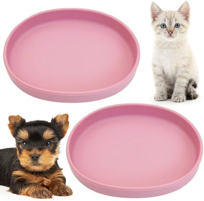Fhiny 2 PCS Silicone Cat Food Bowls Shallow Dog Bowl 7" Non-Slip Pet Feeding Dishes for Dry and Wet Food Whisker Fatigue Cat Plates for Kitten Puppy and Small Pets (Pink)
