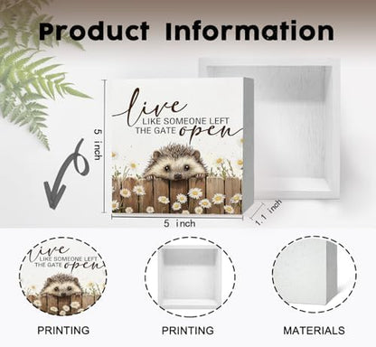 Hedgehog Wooden Box Sign -Rustic Farmhouse Live Like Someone Left the Gate Open Signs for Home Decor, Farm Cottagecore Animal Office Kitchen Bedroom Decor, Hedgehog Gifts for Women, 5x5