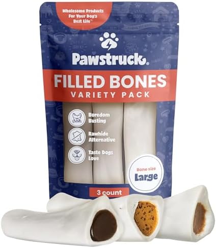 Pawstruck Large 5-6” Filled Dog Bones Variety Pack - Peanut Butter, Cheese & Bacon, Beef Flavors - Made in USA, Long Lasting Stuffed Femur Treat for Aggressive Chewers - Pack of 3, Packaging May Vary