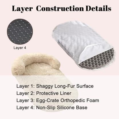 Orthopedic Dog Bed with Egg-Crate Base, Calming Dog Beds Fluffy Plush Faux Fur with Raised Edges, Spine Friendly Pet Sleeping Mat for Medium Large Dogs, Machine Washable (Oval, Beige 32"x24")