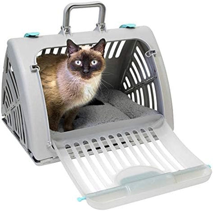 SportPet Large Hard-Sided Travel Cat Carrier - Cat Carrier with Patented Wide Side-Opening Door, Foldable Portable Pet Carrier with Removable Bed for Cats & Small Pets up to 25lbs - Gray