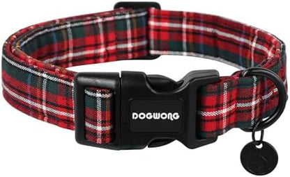 DOGWONG Christmas Cotton Dog Collar, Heavy-Duty Red Plaid Dog Collar Durable Soft Fabric Pet Dog Collars Cute Christmas Checked Puppy Necklace for Small Dogs