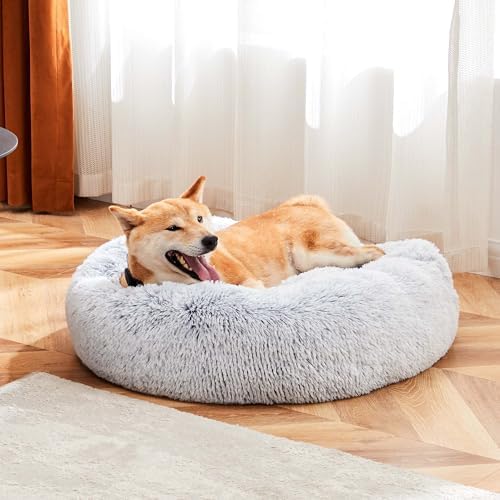 NEWBULIG 37.4x37.4 Inch Dog Couch Bed, Round Shape Large Sized Donut Beds for Indoor Dogs and Cats with Removable Cover, Anti-Slip, Cozy Fluffy Sofa, Grey