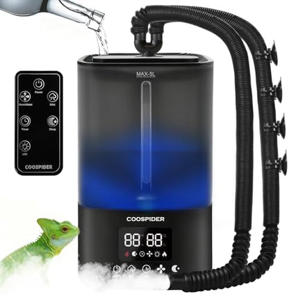 Coospider Reptile Fogger Humidifier, Automatic Humidifiers for Reptiles Tank, Terrarium Humidifiers with Dual Hose Timer Humidity Control, Reptile Mister for Amphibians Herps Vivarium (5L/1.32Gallon)