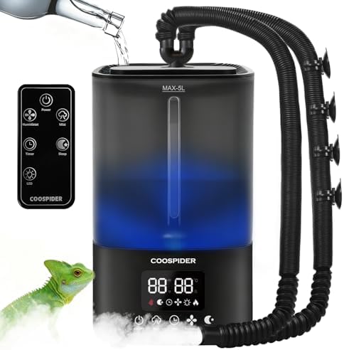 Coospider Reptile Fogger Humidifier, Automatic Humidifiers for Reptiles Tank, Terrarium Humidifiers with Dual Hose Timer Humidity Control, Reptile Mister for Amphibians Herps Vivarium (5L/1.32Gallon)