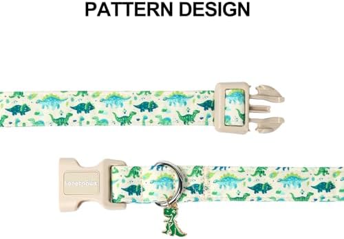 Lionet Paws Green and Blue Dinosaur Dog Collar- Cute Stegosaurus and Raptor Beige Dog Collars with Plastic Buckle, Light Adjustable Dog Collars for Medium Dogs