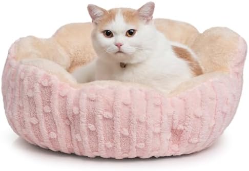Hollypet Calming Cat Beds for Indoor Cats - Cute Fluffy Cactus Pet Small Dog Puppy Bed with Non-Slip Bottom, Pink
