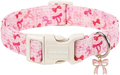 Lionet Paws Dog Collar Bow Spring Summer Pink Plaid Dog Collars with Sailor Bow Pattern Pendant - Female Girl Dogs Collar for Medium Large Dogs L
