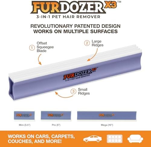 FurDozer Pet Hair Remover & Auto Detailing Tools - Cat & Dog Hair Remover for Carpets, Car Interiors, Couches, Bedding, & Pet Furniture (Purple, X3 MEGA - 10" Long)