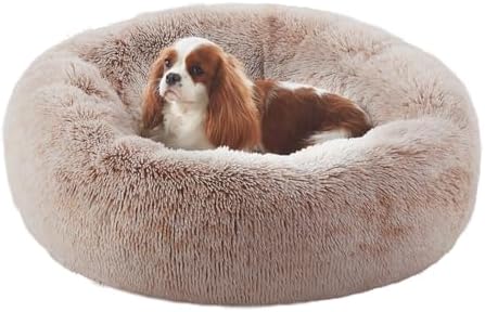 30 inches Faux Fur Fluffy Donut Dog Bed for Medium Dogs,Brown