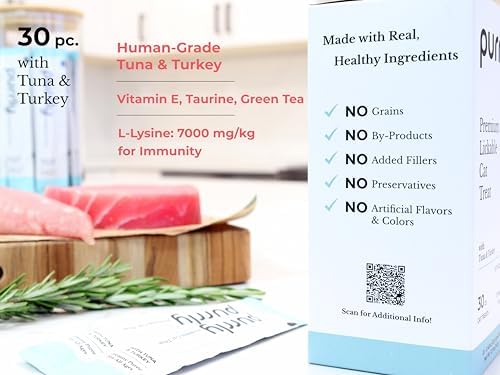 Purrly Lickable Cat Treat Healthy Human-Grade Tuna & Turkey with L-Lysine & Astaxanthin for Immunity (30 Count) Soft Low Calorie Hydrating Interactive Snack Wild-Caught Farm-Grown Grain-Free