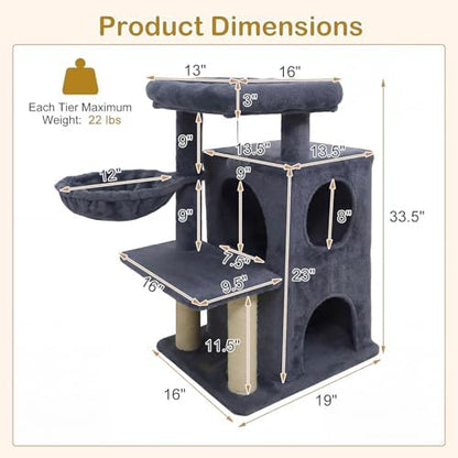 DORTALA Cat Tree for Indoor Cats, 33.5" Cat Tower with 2-Storey Condo, Top Perch, Sisal Scratching Posts, Dangling Ball, Platform, Multi-Level Pet Climbing Furniture Activity Center (Dark Grey)