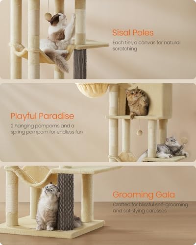 Feandrea Cat Tree, 69-in Large Cat Tower, Multi-Level Condo, Sand Beige