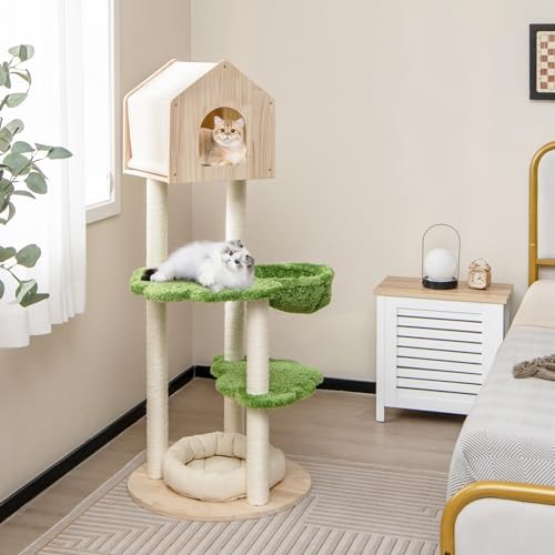 Tangkula Cat Tree Tower, Multi-Level Modern Wood Cat Tower with Sisal Scratching Posts, Jumping Platforms, Perch, Hammock, Cute Cat Condo, Tall Cat Tree for Indoor Cats Large Adult (55 Inch)