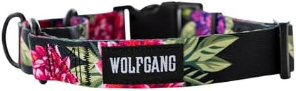Wolfgang Heavy Duty Martingale Dog Collar with Quick Release Nylon Buckle for Walking & Training, DarkFloral Print, Large