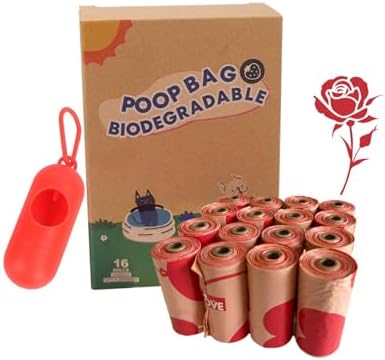 Dog Poop Bags Rolls, Rose Scent Biodegradable Red, Large 9x13 Inch With Dispenser, Leakproof & Easy Tear 240 Count (16 Rolls) for Outdoor Dog Walking