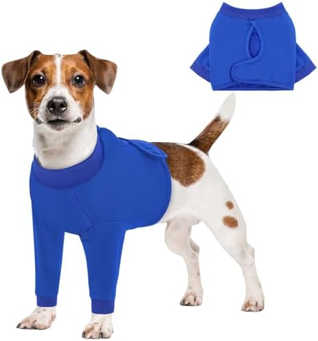 Queenmore Dog Leg Sleeve to Stop Licking, Alternative to Cone of Shame, After Surgery Dog Elbow Protector with Magic Tapes, Recovery Suit for Dogs, Blue, S