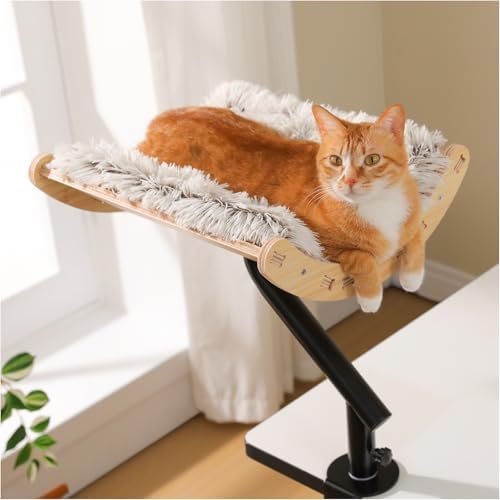 PEQULTI Desk Cat Bed, 360° Rotating Clamp-On Cat Hammock, Wood, Beige