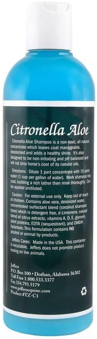 Jeffers Equine Citronella Aloe Horse Shampoo, 16 oz - Concentrated Deodorizing Horse Wash for Grooming, Coconut Shampoo Base Formula with Aloe Vera & Citronella Oil for Mane, Tail & Body Cleaning