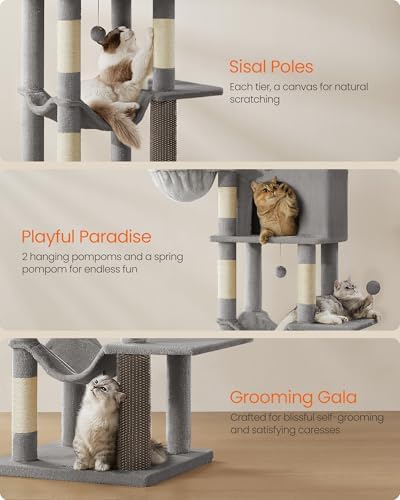 Feandrea Cat Tree, 69-in Large Cat Tower, Multi-Level Condo, Dove Gray
