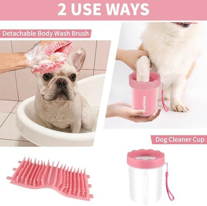 Professional 7 in 1 Dog Paw Cleaner for Dogs & Cats - Includes 1 Portable Paw Washer, 1 Bath Brush, 2 Dog Toothbrushes and 3 Absorbent Towels Note: Fits Paws up to 2 Inches Wide (Small, Light Pink)