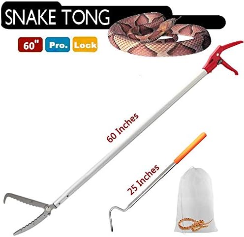 Snake Tong Rattle Snake Reptile Catcher Grabber,with Wide Jaw and Comfortable Grip Handle, Handling Tool Equipped with Snake Hook and Bagging,More Professional (60 Inch（150cm）)