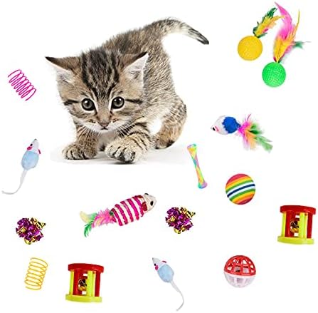 32Pcs Cat Toys Kitten Interactive Pet Toys Assortments, Foldable Rainbow Tunnel, Cat Feather Teaser Wand Interactive Feather Toy Fluffy Mouse Crinkle Balls Bell Play for Cat Puppy Kitty Kitten(2 way)