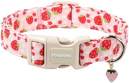 DOGWONG Cotton Handmade Daisy Flower Dog Collar Cute Pink Strawberries Dog Collars with Pendant for Girl Boy Dogs,L