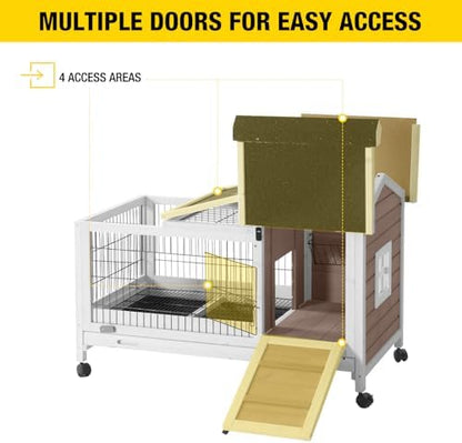 Aivituvin Rabbit Hutch Indoor Bunny Cage Outdoor Bunny House with Wire Floor Leakproof Plastic Tray, Brown