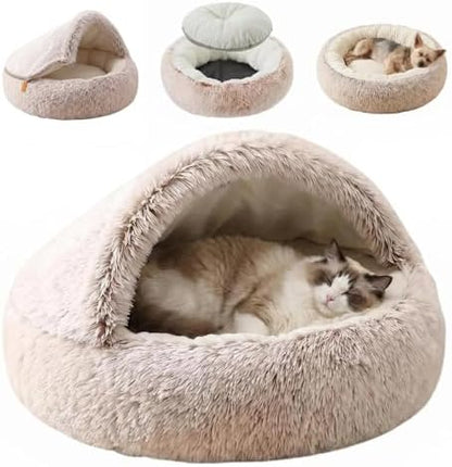 2-in-1 Convertible Cat & Dog Bed Cave with Removable Zipper Hood, Converts to Calming Donut Bed, Reversible Plush & Cooling Ice Silk Cushion (Coffee Color, 28 in Large Size)