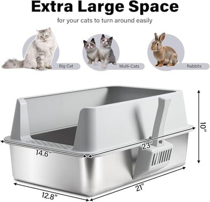 XL Stainless Steel Litter Box with Lid, Extra Large Cat Litter Box