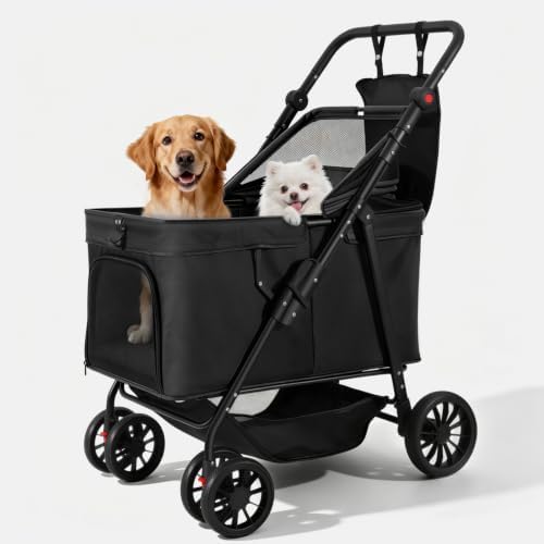 Dog Stroller for Large & Medium Dogs (Up to 66 lbs), Pet Stroller for 2 Small Dogs with Adjustable Handle & Canopy, Sun Shades, Storage Organizer, Oxford Fiber, Foldable & Ventilated
