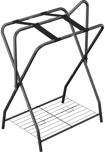 Queension Foldable Saddle Rack with Bottom Storage for Horse Stable, Black