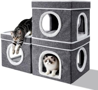 Cat Bed for Indoor Cats Cube House,Bedsure Cat Beds for Indoor Cats - Large Cat Cave for Pet Cat HouseFoldable Cat Hideaway,DIY Free Combination Configurable Play Tower Condo for Cats（3 piece）