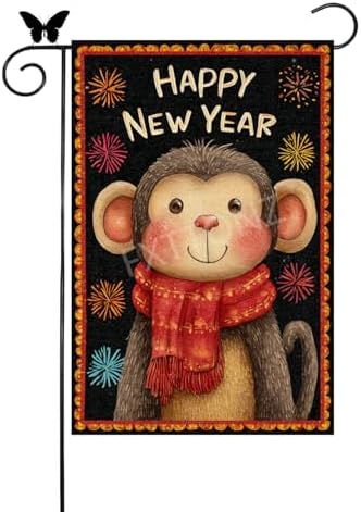 Happy New Year Garden Flag 12x18 Double Sided Vertical Linen Small Fireworks Monkey House Flag Welcome Holiday Winter House Outdoor Outside Decorations (27182)