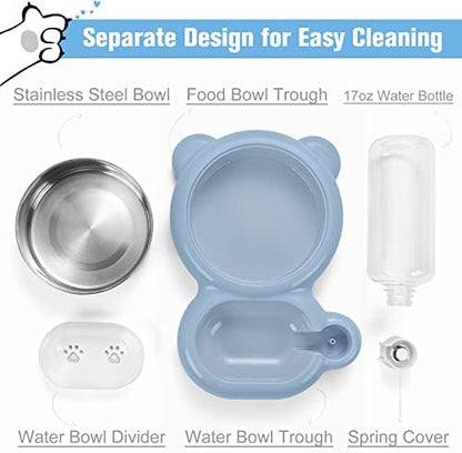 Dog Bowls, Cat Food and Water Bowl Set with Water Dispenser and Stainless Steel Bowl for Cats and Small Dogs - Light Blue