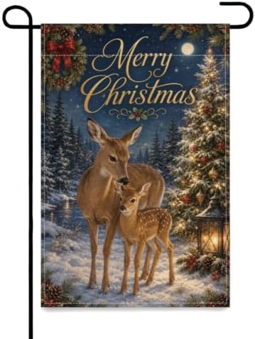 Merry Christmas Garden Flag 12x18 Inch Doe Fawn Lighted Tree Moonlit Forest Lantern Rustic Winter Outdoor Yard Lawn Front Porch Welcome Double Sided Banner Decor Gift