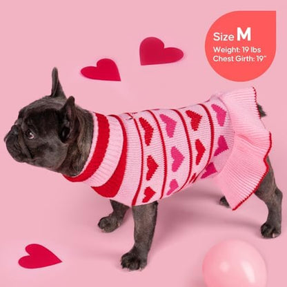 KYEESE Valentines Dog Sweater, Stretchy Small Dogs Sweater, Soft Turtleneck Dog Sweaters for Small Dogs, Warm Pet Sweaters Dress with Heart Print, Comfy Pet Clothes Coat with Leash Hole, XL